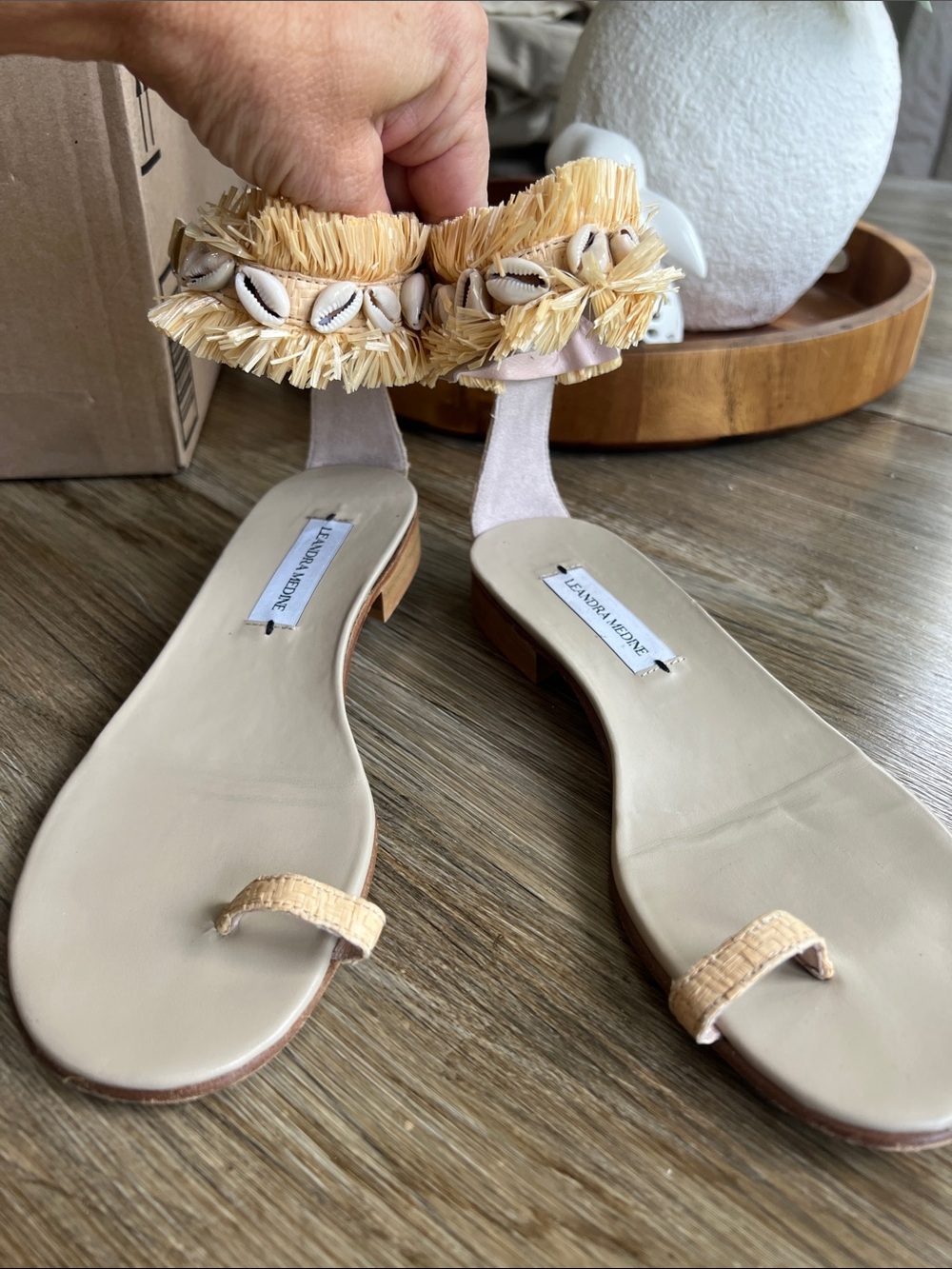 Leandra Medine Beige Raffia & Shell Ankle-Strap Sandals